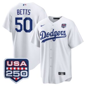 Mookie Betts #50 Los Angeles Dodgers 250th Patch Home Replica Jersey - White