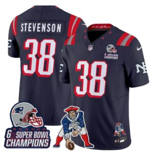 Rhamondre Stevenson #38 New England Patriots 2025 Rivalries 6x Champions & Throwbacks Mascot Patch Vapor Limited Jersey - All Stitched