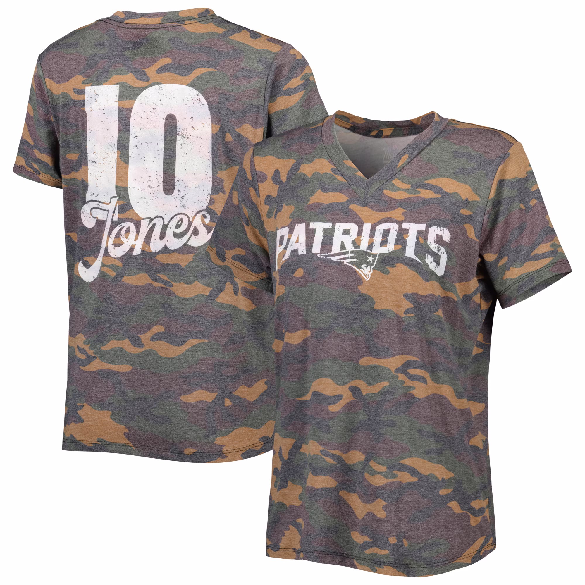Women's Mac Jones Camo New England Patriots Name & Number V-Neck T-Shirt