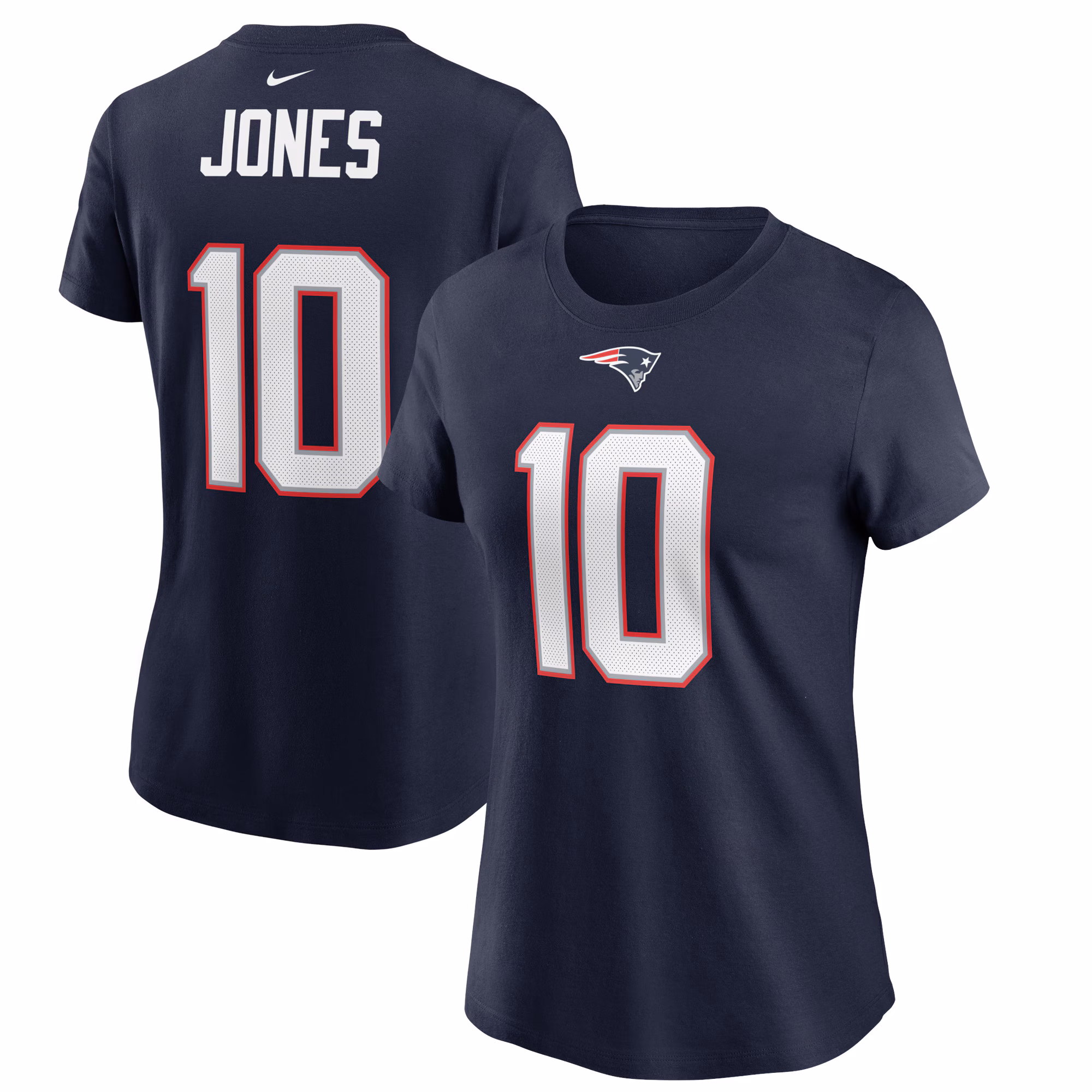 Women's Mac Jones Navy New England Patriots Player Name & Number T-Shirt