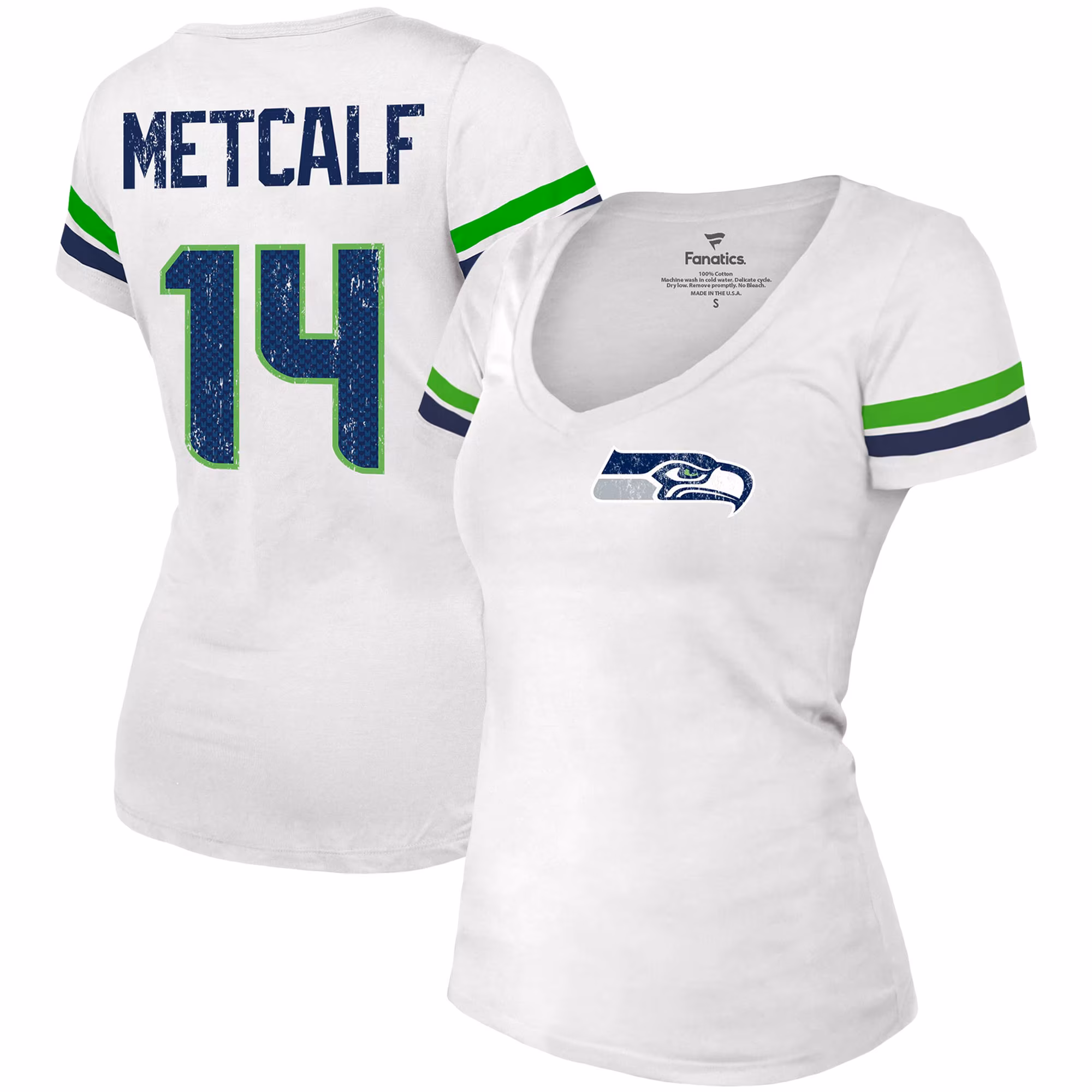 Women's DK Metcalf White Seattle Seahawks Fashion Player Name & Number V-Neck T-Shirt