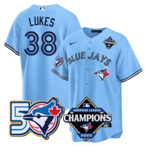 Nathan Lukes #38 Toronto Blue Jays 50th American League Champions Jersey Stitched Light Blue