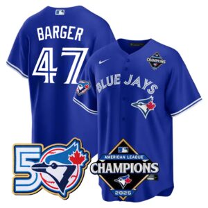 Addison Barger #47 Toronto Blue Jays 50th American League Champions Jersey Stitched Royal