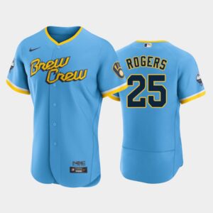 Men's Milwaukee Brewers #25 Taylor Rogers 2022 City Connect Flex Base Jersey - Blue