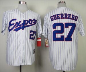 Men's Mitchell And Ness 2000 Montreal Expos #27 Vladimir Guerrero White Blue Strip Stitched Throwback Jersey