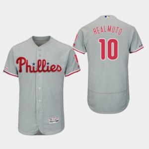 Men's Philadelphia Phillies #10 J.T. Realmuto Gray 150th Anniversary Patch Flex Base Jersey