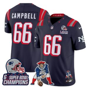 Will Campbell #66 New England Patriots 2025 Rivalries 6x Champions & Throwbacks Mascot Patch Vapor Limited Jersey - All Stitched