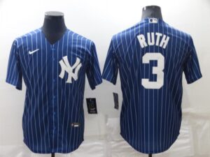 Men's  New York Yankees #3 Babe Ruth Blue Strip Throwback Cool Base Stitched Jersey