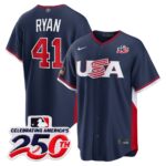 Joe Ryan #41 USA Baseball 250th Patch 2026 World Baseball Classic Road Stadium Jersey - Navy