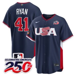 Joe Ryan #41 USA Baseball 250th Patch 2026 World Baseball Classic Road Stadium Jersey - Navy