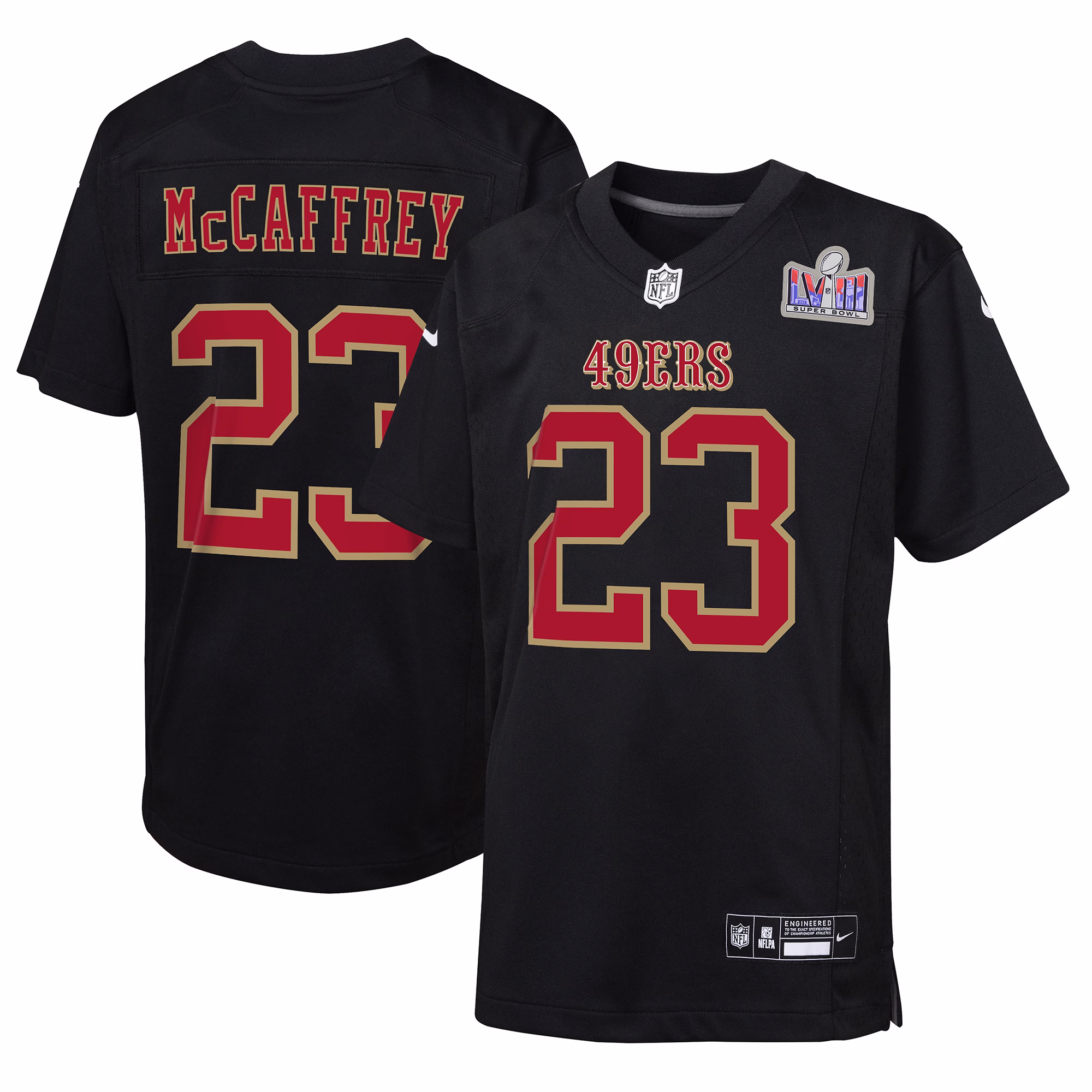 Christian McCaffrey San Francisco 49ers  Youth 2023 Super Bowl LVIII Patch Carbon Fashion Game Jersey - Black