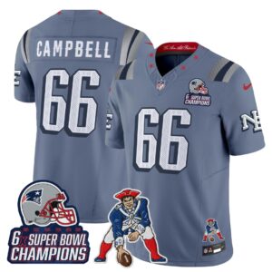 Will Campbell #66 New England Patriots 2025 Rivalries 6x Champions & Throwbacks Mascot Patch Vapor Limited Jersey - All Stitched