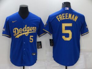 Men's  Los Angeles Dodgers #5 Freddie Freeman Blue With Gold Stitched Cool Base Jersey
