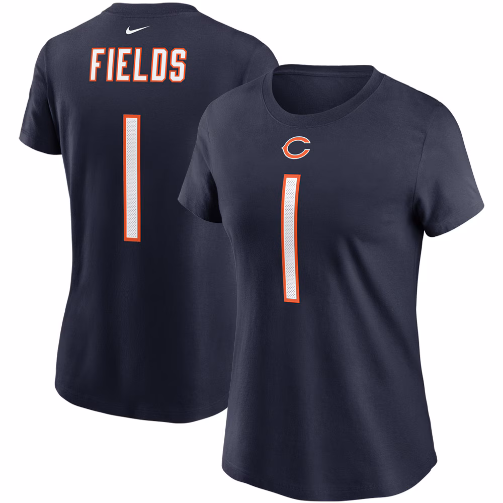 Women's Justin Fields Navy Chicago Bears Player Name & Number T-Shirt