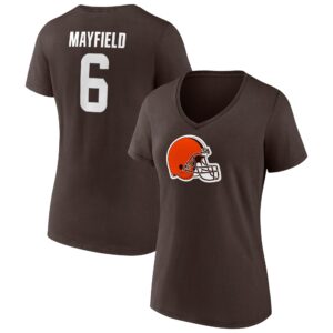 Women's Baker Mayfield Brown Cleveland Browns Player Icon Name & Number V-Neck T-Shirt