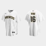 Men's Milwaukee Brewers #16 Kolten Wong White Navy Alternate Jersey
