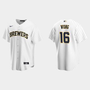 Men's Milwaukee Brewers #16 Kolten Wong White Navy Alternate Jersey
