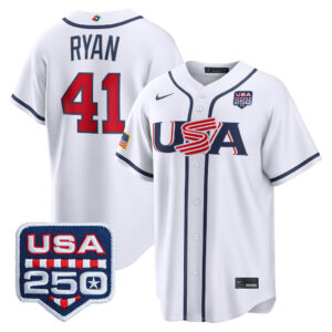Joe Ryan #41 USA Baseball 250th Patch 2026 World Baseball Classic Home Stadium Jersey - White