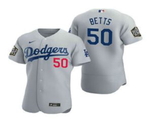 Men's Los Angeles Dodgers #50 Mookie Betts Gray 2020 World Series Flex Base  Jersey
