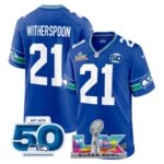 Devon Witherspoon #21 Seattle Seahawks Super Bowl LX 50th Season Patch Royal Throwback Player Game Jersey