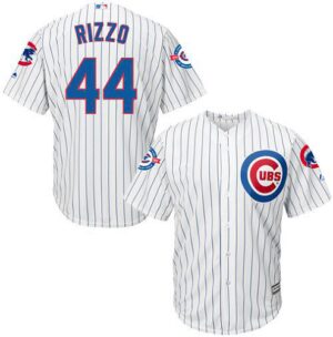 Chicago Cubs #44 Anthony Rizzo White Strip New Cool Base with 100 Years at Wrigley Field Commemorative Patch Stitched Jersey