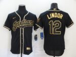 Men's Cleveland Indians #12 Francisco Lindor Black With Gold Stitched Flex Base  Jersey