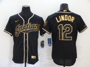 Men's Cleveland Indians #12 Francisco Lindor Black With Gold Stitched Flex Base  Jersey