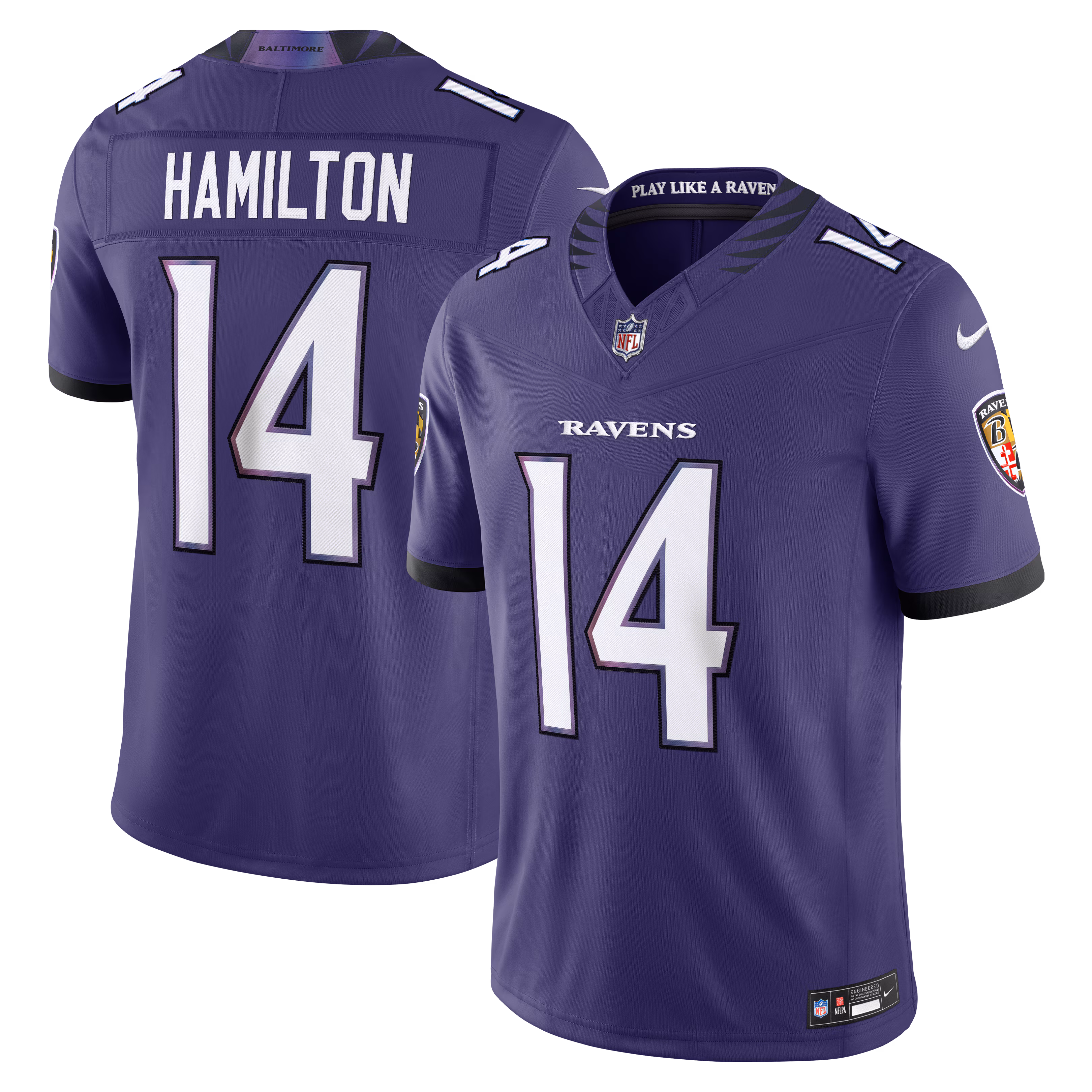 Men's Baltimore Ravens Kyle Hamilton #14 Purple Vapor F.U.S.E. Sewn Down Limited Jersey