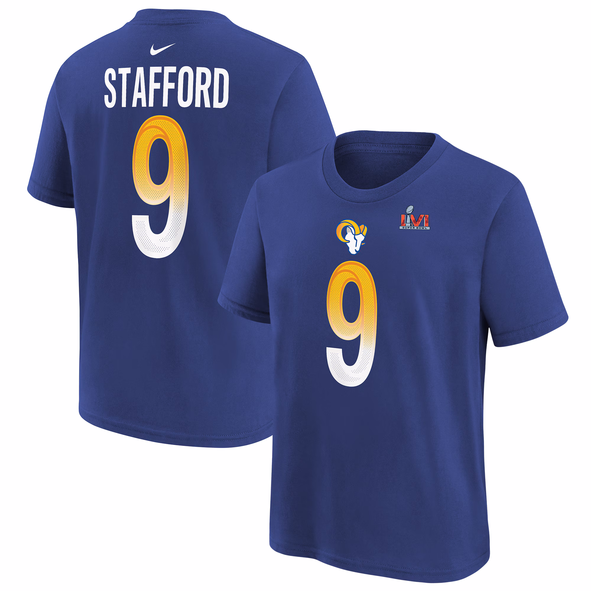 Youth Matthew Stafford Royal Los Angeles Rams Super Bowl LVI Name & Number T-Shirt