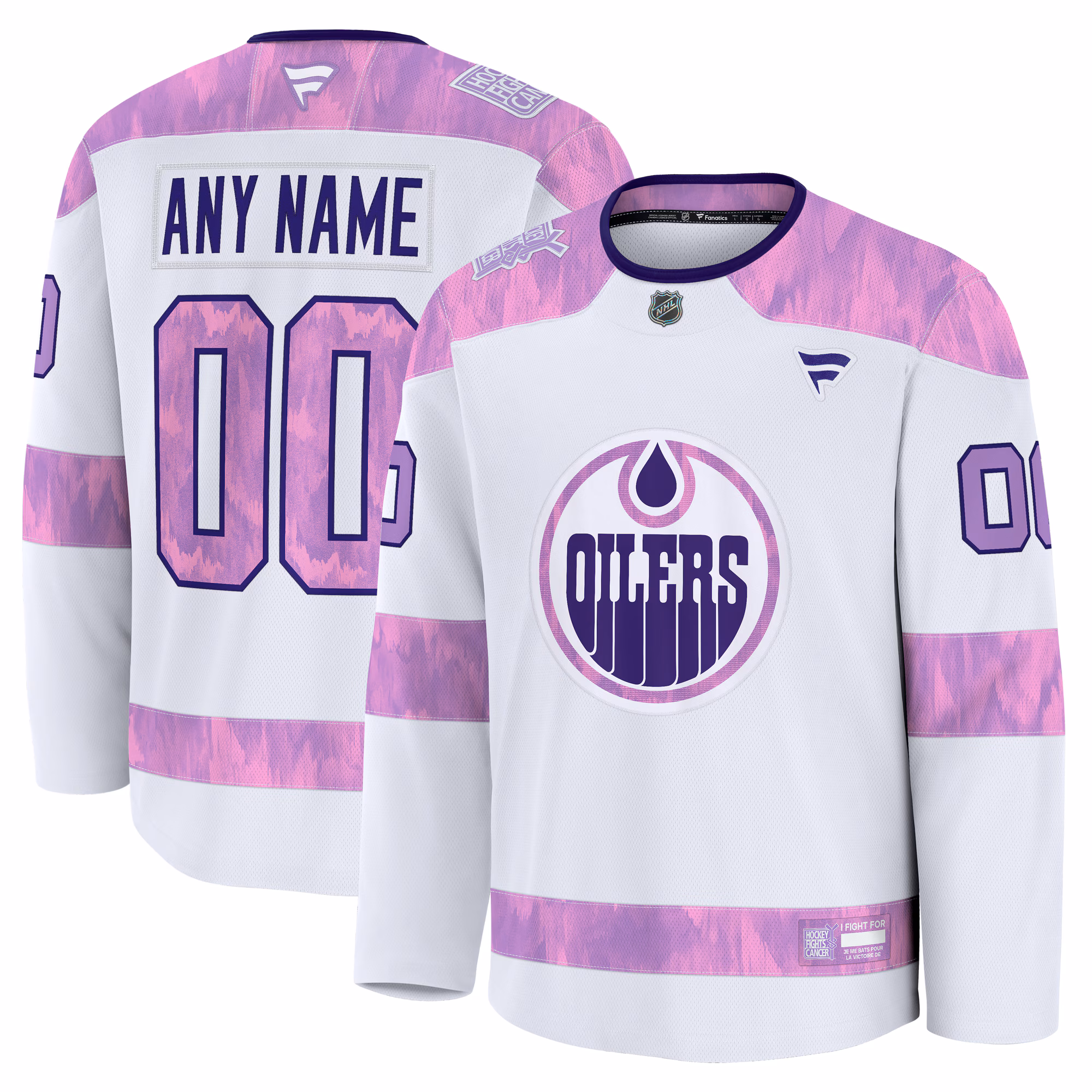Edmonton Oilers  Fanatics White 2024 Hockey Fights Cancer Custom #00 Practice Jersey