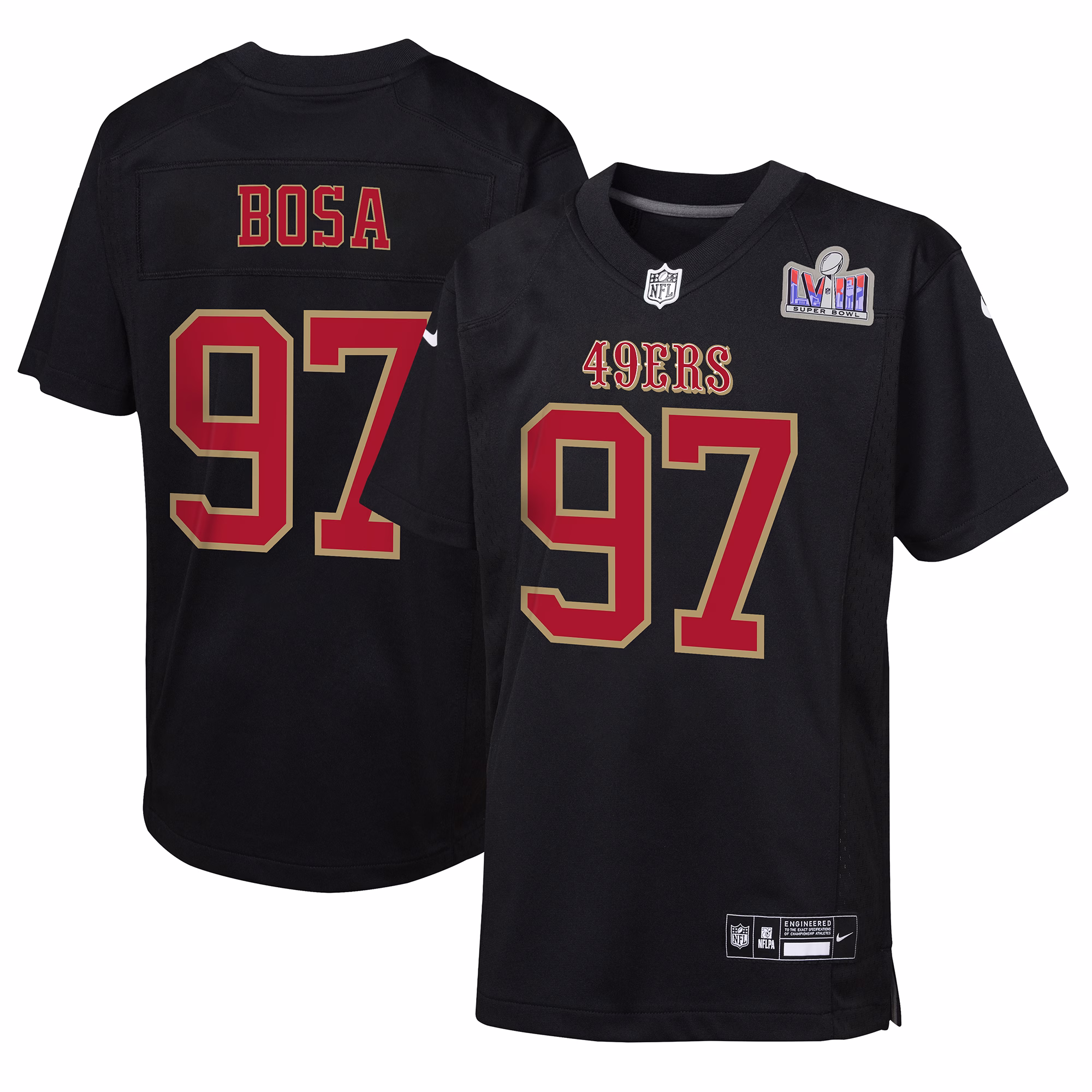 Nick Bosa San Francisco 49ers  Youth 2023 Super Bowl LVIII Patch Carbon Fashion Game Jersey - Black