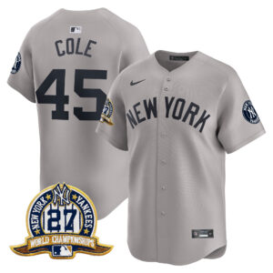 Gerrit Cole #45 New York Yankees 27 Time Champions Patch Vapor Premier Limited Jersey - Gray