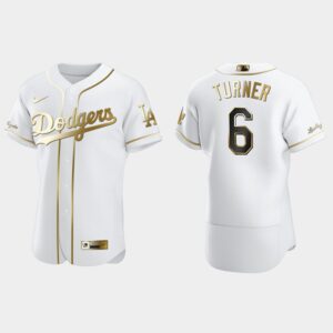 Men's Los Angeles Dodgers #6 Trea Turner 2021 Golden Edition 2021 Trade Flex Base Jersey - White