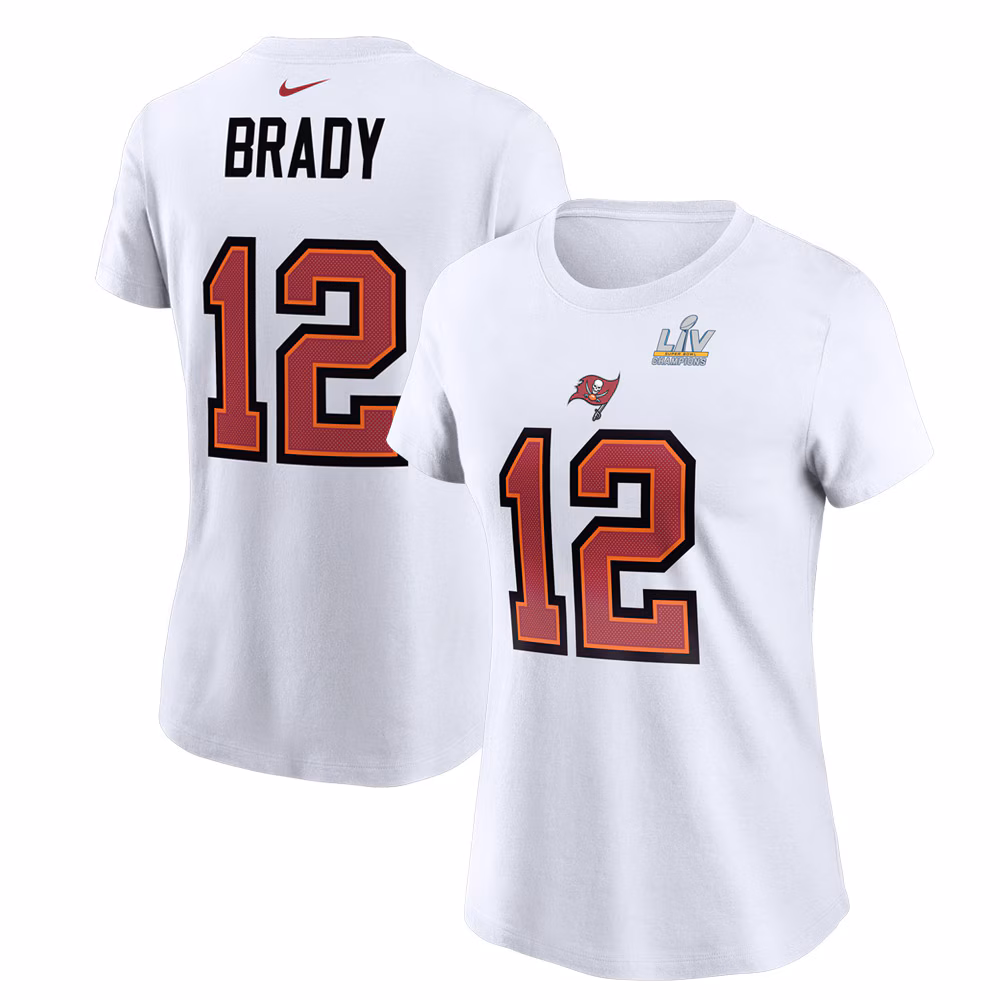 Women's Tom Brady White Tampa Bay Buccaneers Super Bowl LV Champions - Name & Number T-Shirt
