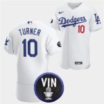 Men's Los Angeles Dodgers #10 Justin Turner 2022 White Vin Scully Patch Flex Base Stitched Jersey