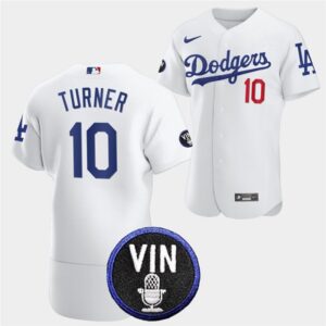 Men's Los Angeles Dodgers #10 Justin Turner 2022 White Vin Scully Patch Flex Base Stitched Jersey