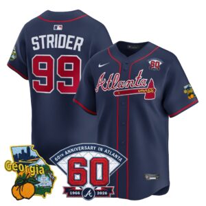 Spencer Strider #99 Atlanta Braves 60th Patch Alternate Limited Player Jersey - Navy