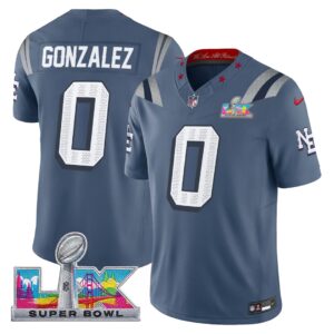 Christian Gonzalez #0 New England Patriots 2025 Super Bowl LX Patch Rivalries Collection Limited Jersey - Storm Blue