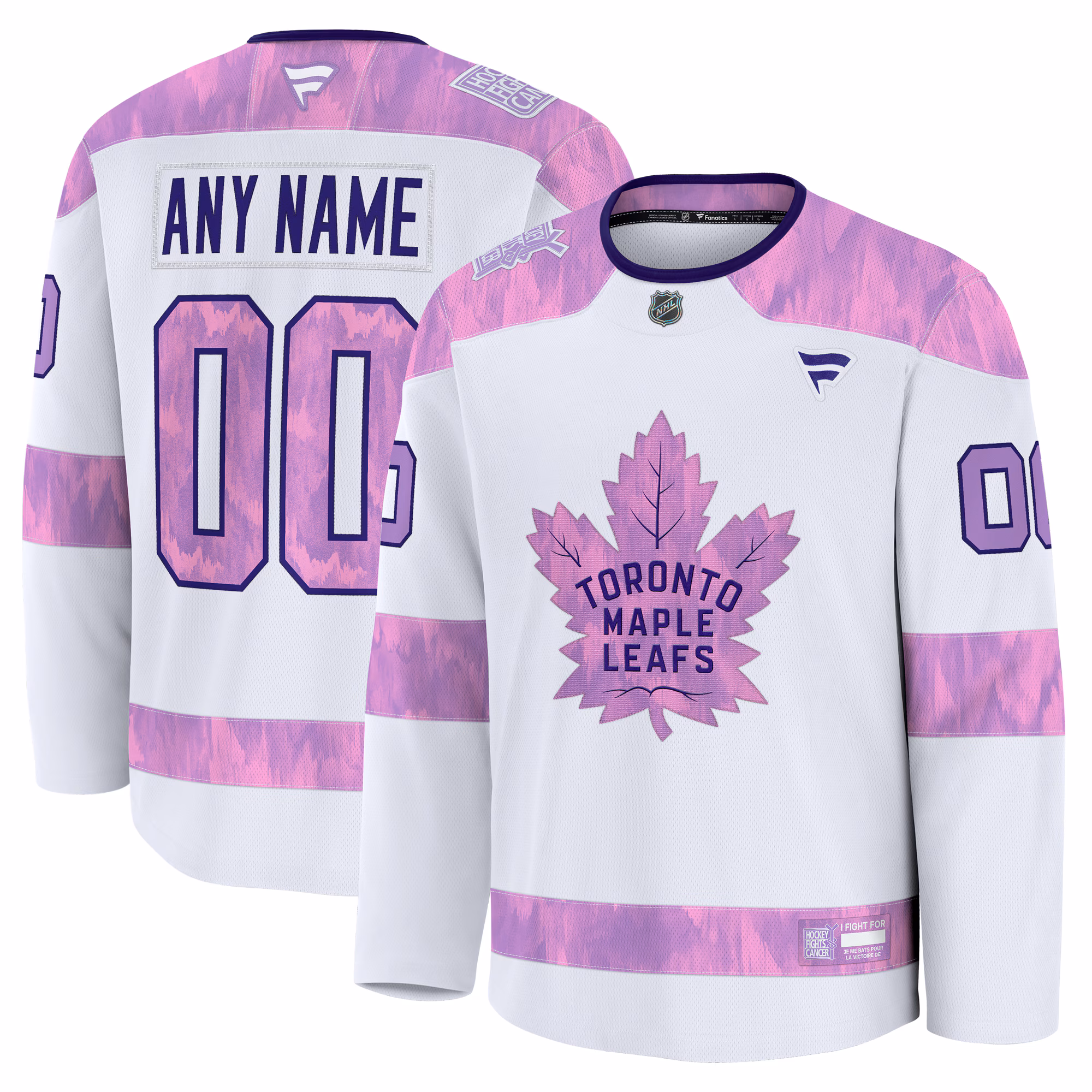 Toronto Maple Leafs  Fanatics White 2024 Hockey Fights Cancer Custom #00 Practice Jersey