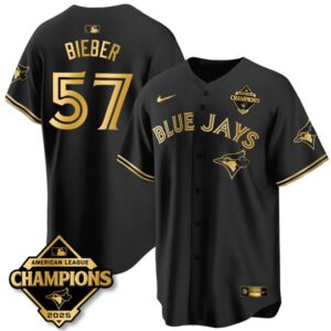 Shane Bieber #57 Toronto Blue Jays 2025 American League Champions Jersey Stitched Black Gold