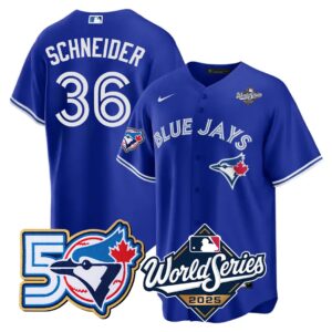 Davis Schneider #36 Toronto Blue Jays 50th World Series Limited Jersey Stitched Royal