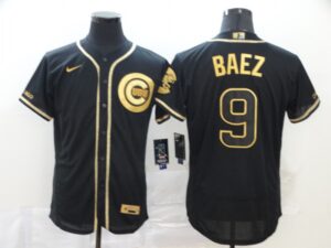 Men's Chicago Cubs #9 Javier Baez Black Golden Stitched Flex Base  Jersey