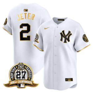 Derek Jeter #2 New York Yankees 27 Time Champions Patch Vapor Premier Limited Jersey - White Gold