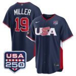 Mason Miller #19 USA Baseball 250th Patch 2026 World Baseball Classic Road Stadium Jersey - Navy