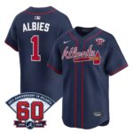 Ozzie Albies #1 Atlanta Braves 60th Patch Alternate Limited Player Jersey - Navy