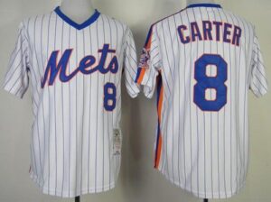 Men's Mitchell And Ness New York Mets #8 Gary Carter Stitched White Blue Strip Throwback Jersey