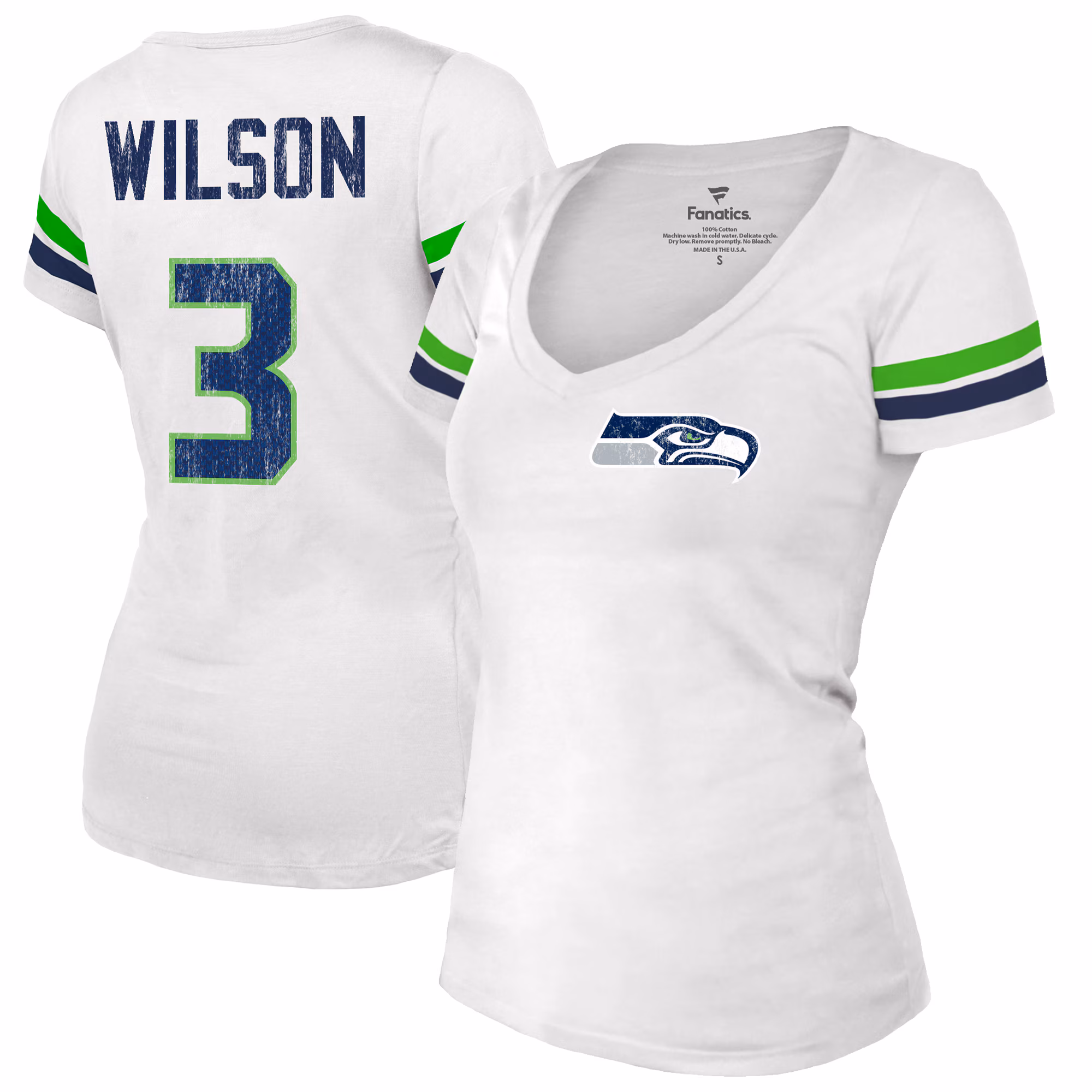 Women's Russell Wilson White Seattle Seahawks Fashion Player Name & Number V-Neck T-Shirt