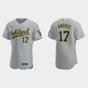 Men's Oakland Athletics #17 Elvis Andrus Gray Andrus Road Flex Base Jersey