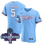 Men's Texas Rangers #5 Corey Seager 2023 World Series Champions Baby Blue Jersey