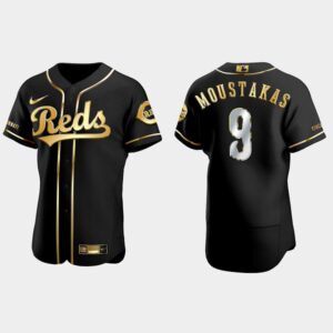 Men's Cincinnati Reds #9 Mike Moustakas Golden Edition Black Flex Base Jersey